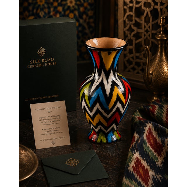 Pattern Woven Into Clay — Unique Hand-Painted Uzbek Ceramic Vase, 1 of 1 Presented by Silk Road Ceramic House, this tall...