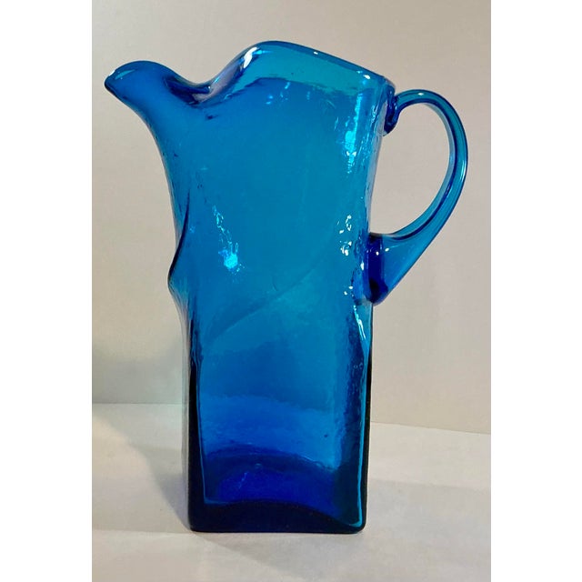 1960s Vintage Morgantown Glass #9844 Swirl Blue Brutalist Art Glass Pitcher - 11” For Sale - Image 5 of 12