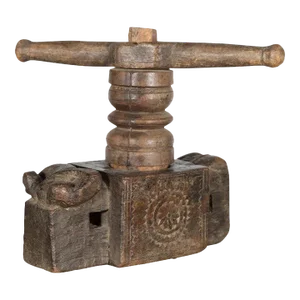Antique Indian Wooden Hand Noodle Grinder with Carved Ram & Vice Press