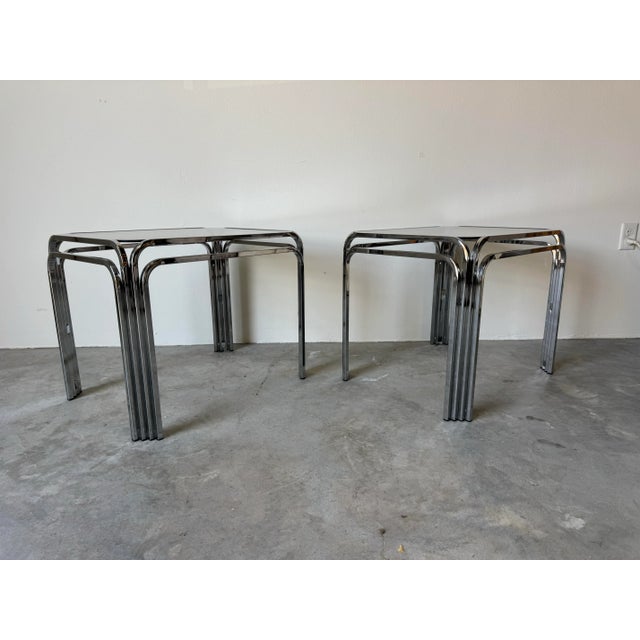 Metal 1970s Mid-Century Modern Chrome and Smoked Glass Side Tables – Set of 2/ Sold For Sale - Image 7 of 12