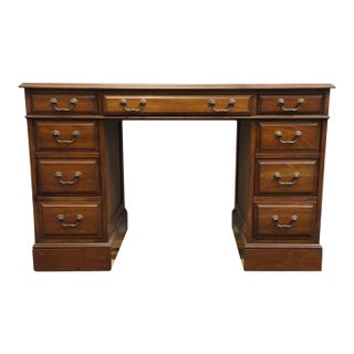 Sligh Lowry Solid Pine Early American Country Style 46" Double Pedestal Writing Desk W. Tooled Leather Top For Sale