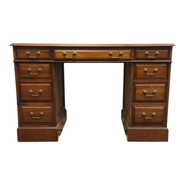 Sligh Lowry Solid Pine Early American Country Style 46" Double Pedestal Writing Desk W. Tooled Leather Top For Sale