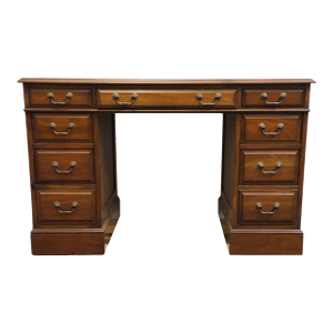 Sligh Lowry Solid Pine Early American Country Style 46" Double Pedestal Writing Desk W. Tooled Leather Top