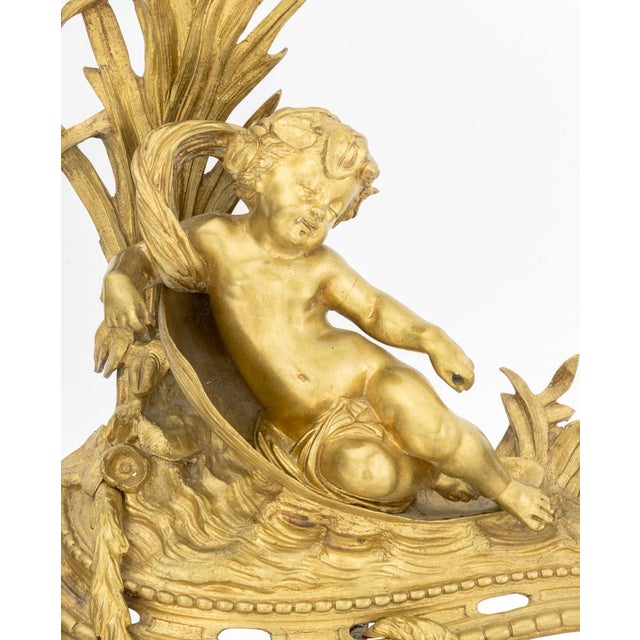 Louis XV Style Cherub Motif Brass Chenets, Pair For Sale - Image 4 of 9