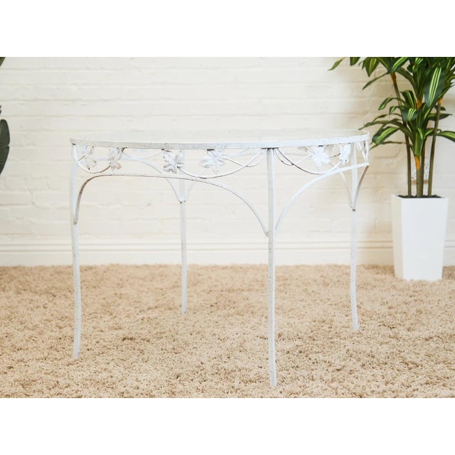 Vintage Wrought Iron Patio Dining Table With Leaf Motif Aqua Cushions and Glass Top For Sale In Los Angeles - Image 6 of 7