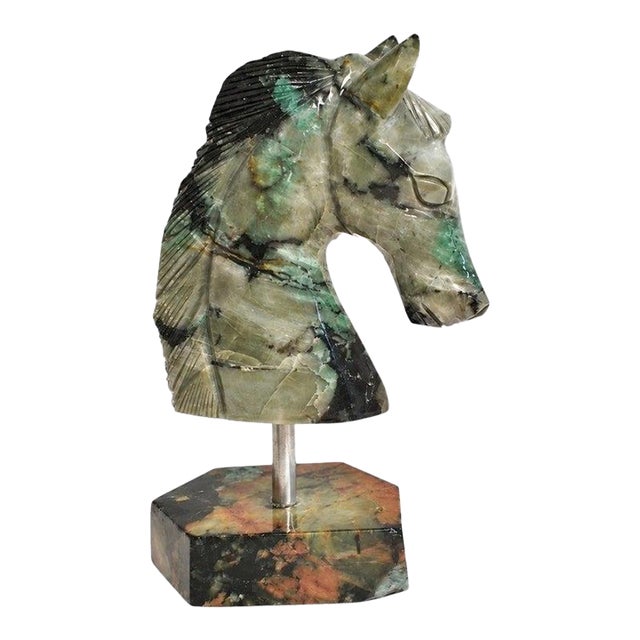 Gemstone Emerald Horse Bust Sculpture Olive Black Hand Carved For Sale