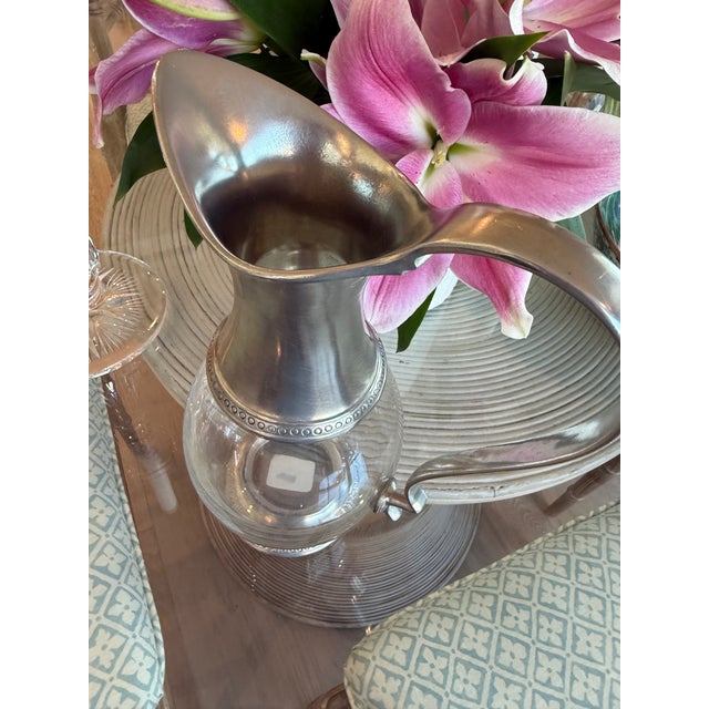 Silver Italian Pewter & Glass Water Pitcher With Sculptural Handle For Sale - Image 8 of 8