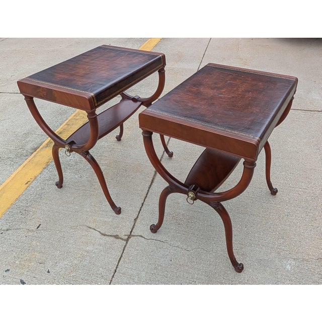 1950s Regency Leather Top Mahogany Side Table With Curule Legs - A Pair For Sale - Image 10 of 16