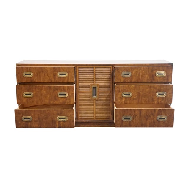 Late 20th Century Dixie Furniture Solid Walnut Campaign Style 70" Triple Door Dresser 545-235 For Sale - Image 5 of 18