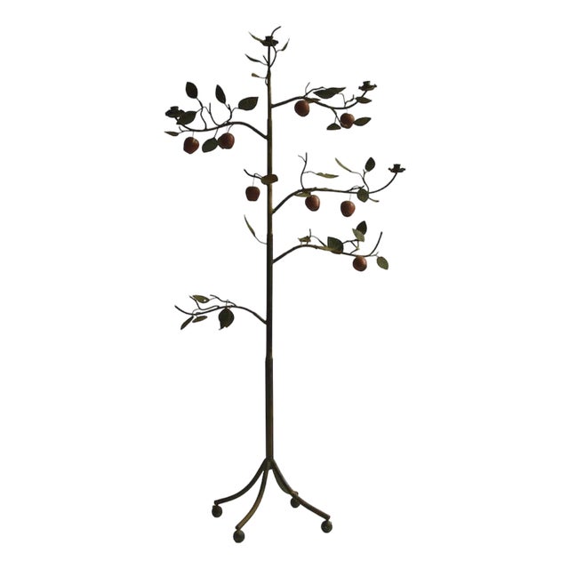 Vintage Tole Espalier / Espaliered Full Size Standing Apple Tree Sculptural Candelabra / Candle Holder on Ball Feet For Sale