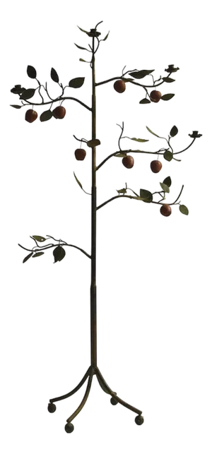 Vintage Tole Espalier / Espaliered Full Size Standing Apple Tree Sculptural Candelabra / Candle Holder on Ball Feet