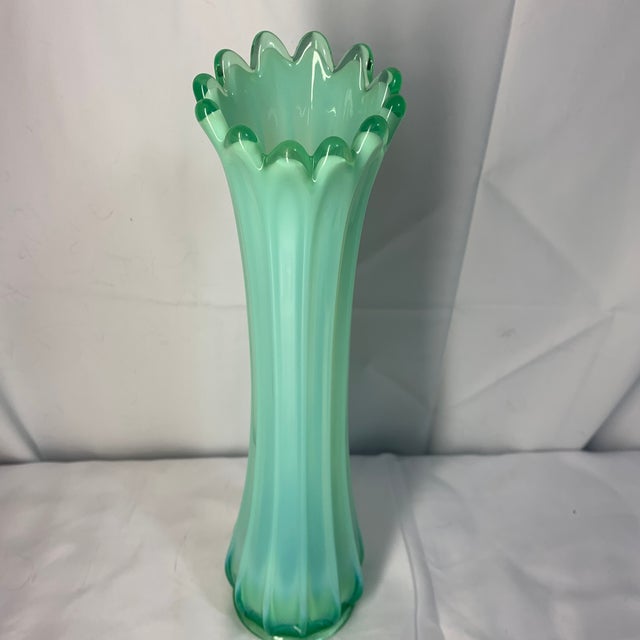 Fostoria Fostoria Vintage Mid-Century Green Opalescent Ribbed Swung Glass Vase 10” For Sale - Image 4 of 7
