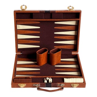 Vintage Mid Century Travel Backgammon Set in Brown Leatherette Case For Sale