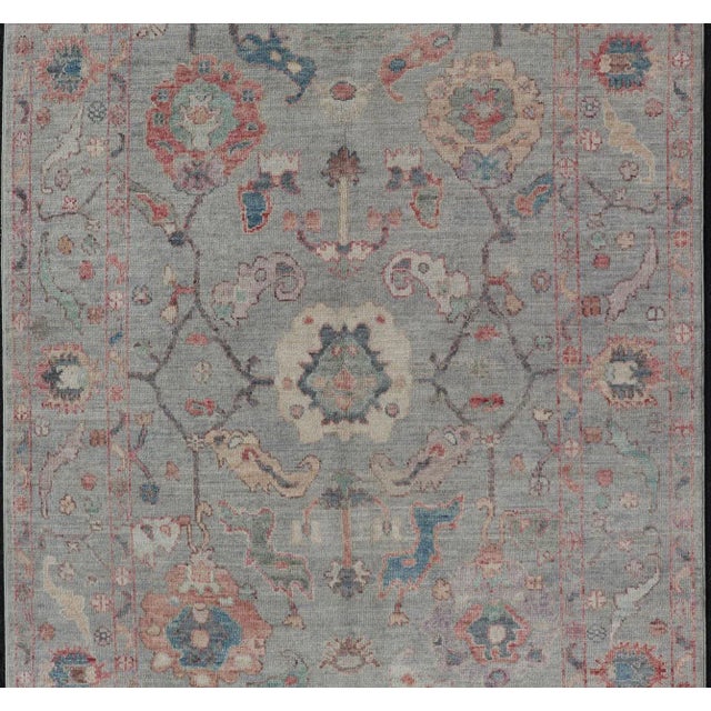 Modern Modern All-Over Floral Oushak With a Light Blue-Gray Background and Multi-Color Rug For Sale - Image 3 of 13