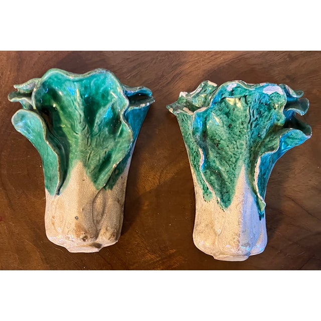 Pair antique 19th century Chinese pottery wall pockets or vases in the form of bok choy cabbage. Naturalistically molded...