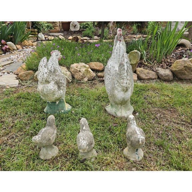 Mid 20th Century Concrete Rooster, Hen and Chicks Garden Ornaments - 5 Pieces For Sale In Charlotte - Image 6 of 12