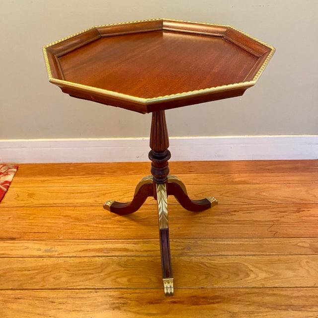 Octagonal Pedestal Mahogany and Cherrywood Side Table With Gold Accents For Sale - Image 4 of 9
