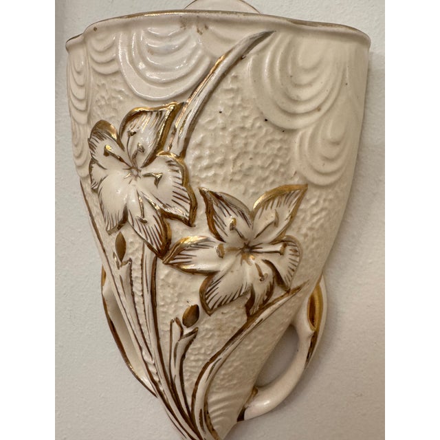 Cream 1930's Vintage Art Deco English Pottery Arthur Wood Floral Cream & Gold Wall Pockets, a Pair For Sale - Image 8 of 12