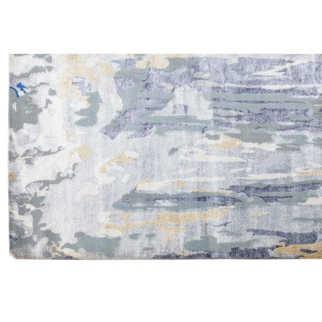 2010s 12 X 15 Blue and Gray Contemporary Wool and Silk Rug With Abstract Design For Sale - Image 5 of 10