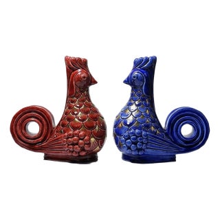 Glazed Ceramic Rooster Candlesticks by A.G Roger, 1940s, Set of 2 For Sale