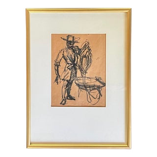 Early 20th Century Original Abstract Figure Marker Sketch Drawing Signed Framed For Sale