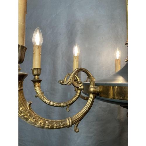 Traditional Empire Style Brass and Royal Green 8-Branch Chandelier For Sale - Image 3 of 11