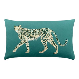 Walking Cheetah 22" Lumbar Pillow, Green and Cream For Sale