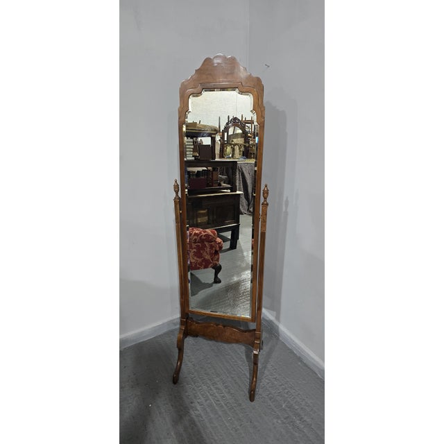 Queen Anne Burr Walnut Cheval Mirror, 1920 For Sale - Image 6 of 12