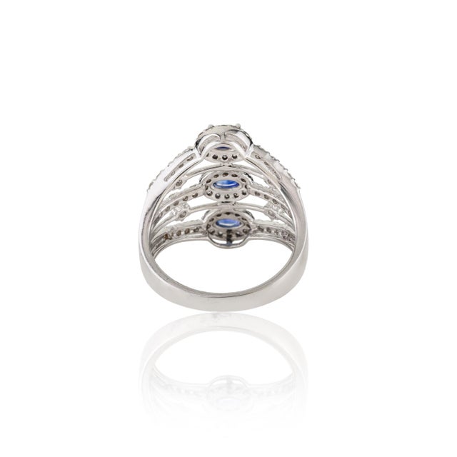 Metal 1 Ct Blue Sapphire & Diamond Multi Row Statement Ring Size 6.5 in 14k White Gold For Sale - Image 7 of 16