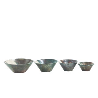 Japanese Minimalistic White Green Metal Raku Ceramics Aurora Bowls by Laab Milano, Set of 4 For Sale
