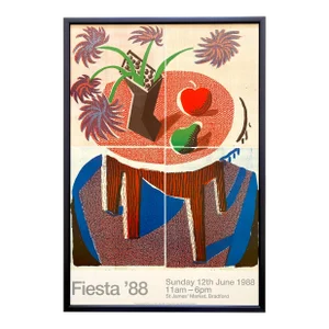 David Hockney Vintage 1988 Lithograph Print Framed Pop Art Poster " Flowers, Apple & Pear on a Table " 1986