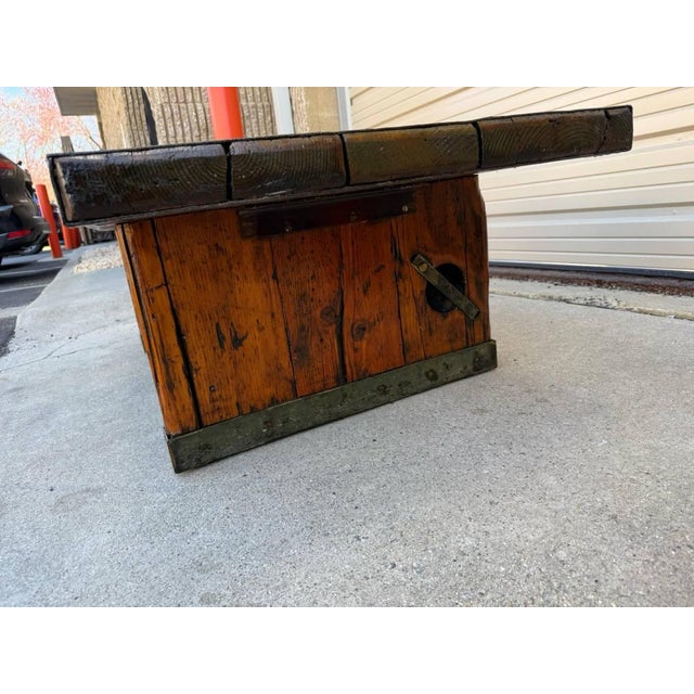 Brown Antique Farmhouse Rustic Style Metal Mounted Ships Hatch Coffee Table For Sale - Image 8 of 11