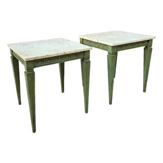 Pair of Vintage White Marble Top Patinated Aqua Finish Neoclassical-Style Side Tables For Sale