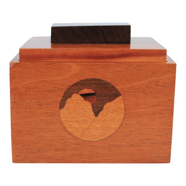 Vintage Wood Inlay Sunrise Keepsake Lidded Trinket Box For Sale