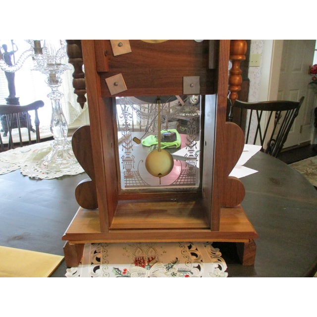 Brown Beautiful Vintage Wood Ansonia Reproduction Tear Drop Clock 8 Day Wind Painted Glass on Door Works For Sale - Image 8 of 15