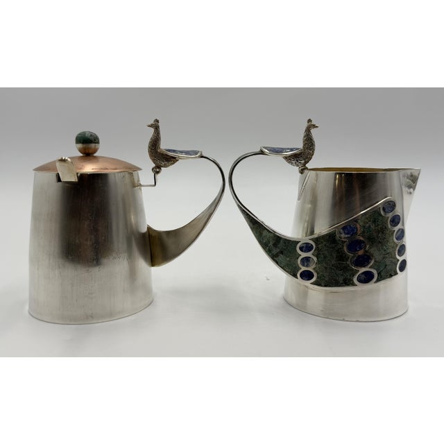 Mexican 1970s Wolmar Castillo "Peacock" Creamer, Sugar Pot & Ladle W/ Malachite & Lapis Inlay For Sale - Image 3 of 18