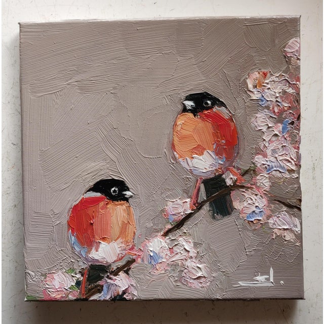 An impressionist oil painting of two bullfinch birds, by UK based artist Vivek Mandalia. Frame and hang in your home. 30 x...