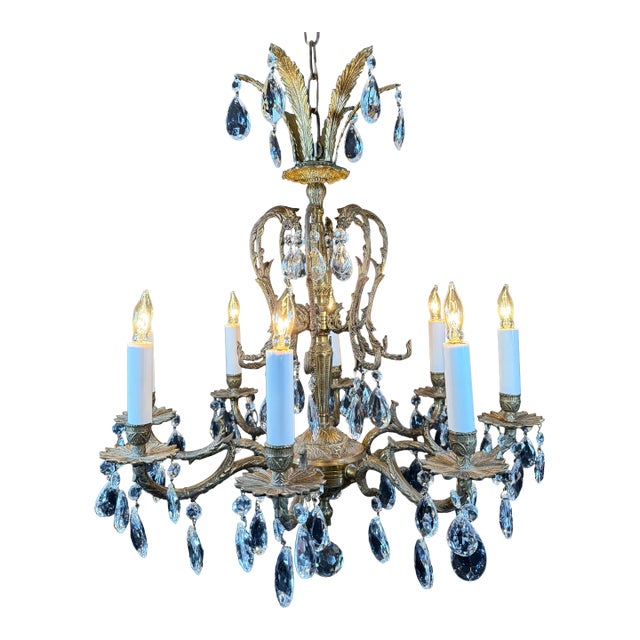 Vintage Brass Chandelier Ornate Eight Lights With Crystals For Sale