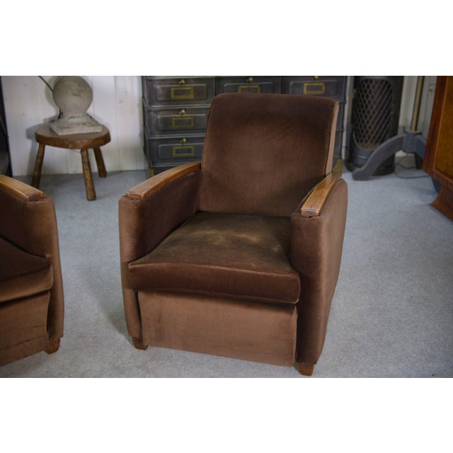 Wood Art Deco Velvet Club Chairs in the style of Jules Leleu, 1930s, Set of 2 For Sale - Image 7 of 17