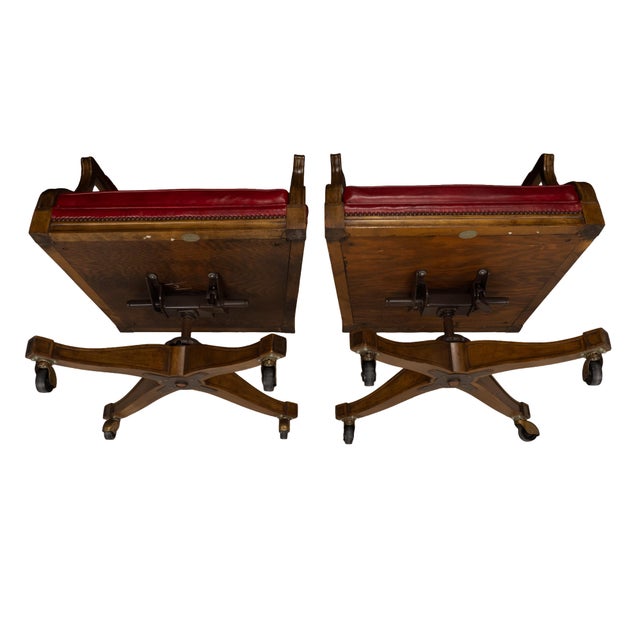 Pair of 1980s Baker Furniture Rolling Executive Chairs in Carved Wood & Burgundy Vinyl Upholstery For Sale - Image 15 of 18