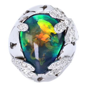 18k (750) White Gold Natural Pear Opal and Diamond Wide Ring, Size 7