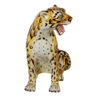 Large Vintage Italian Hand Made Glazed Ceramic Serval Sculpture, 1980s For Sale