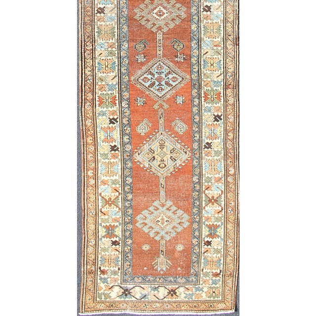 Sub-Geometric Medallion design Persian serapi antique runner in ivory, blue and orange , rug R20-0724, country of origin /...
