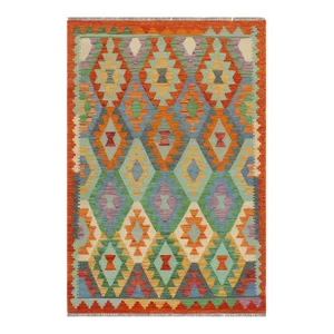 1990s Shabby Chic Kilim Blue Rust Wool Rug - 3'3" X 4'9"