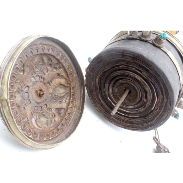 18" Tibetan Prayer Wheel W/Inner Scroll Inlaid Silver 19th Century Monastery Ritual For Sale - Image 14 of 18