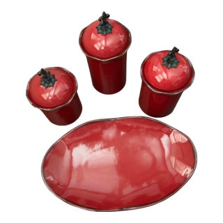 Southern Living “Cinnabar” Red Ceramic Canister Set & Oval Platter – 4 Pieces For Sale