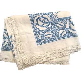 Vintage Hand-Embroidered Linen Table Runner For Sale