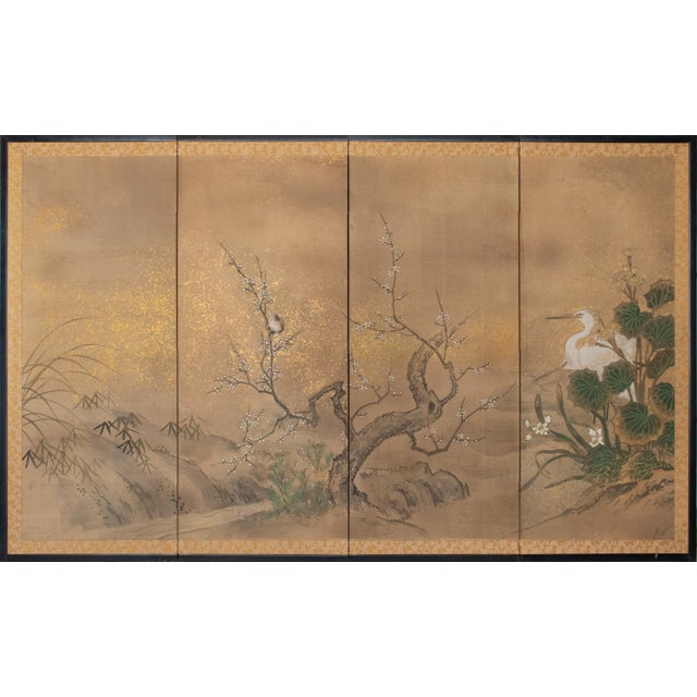 "Egrets and Sparrow", C. 1950s Japanese Yamato-E Style Byobu Screen For Sale - Image 18 of 18