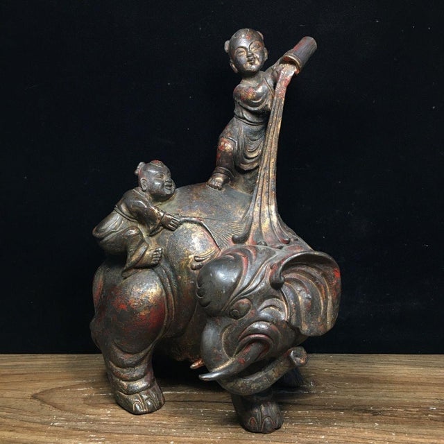Traditional Vintage Bronze Sculpture of Boys Playing on an Elephant For Sale - Image 3 of 9