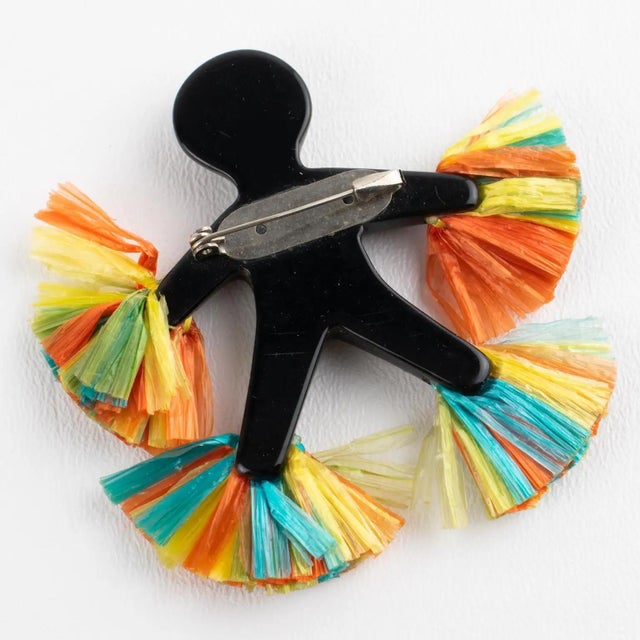 Textile Black Lucite Carved Samba Dancer Figurine Brooch with Colorful Raffia For Sale - Image 7 of 9